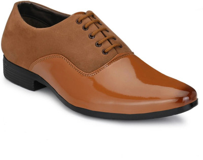 HERE&NOW Tan Patent Synthetic Leather Party Office Shoes Lace Up For Men(Tan , 8)