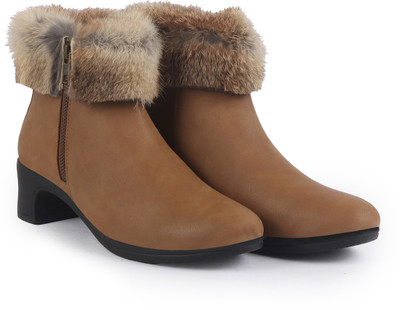 FAUSTO High Ankle Flared Heel Side Zipper Winter Classic Fur Boots|Outdoor Boots|Work Boots For Women(Tan , 5)