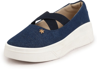 FAUSTO Elastic Closure Cross Strap Denim Slip On Height Enhancer Shoes Bellies For Women(Navy , 5)