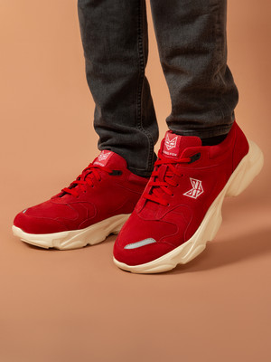 BIG FOX Genuine Leather Light Weight Chunky|Trainers Sneakers For Men(Red , 6)
