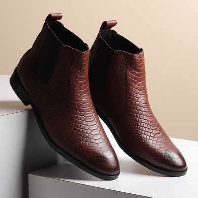 Hayes London Genuine Leather Chelsea Boots | Textured Slip-On with Comfortable Block Heel Boots For Men(Brown , 8)
