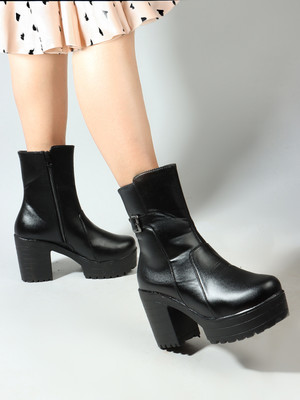 ELUXE PARIS Sylish Buckle Ankle Boots Zipper Block High Heels Faux Boots for Womens & Girls Boots For Women(Black , 3)