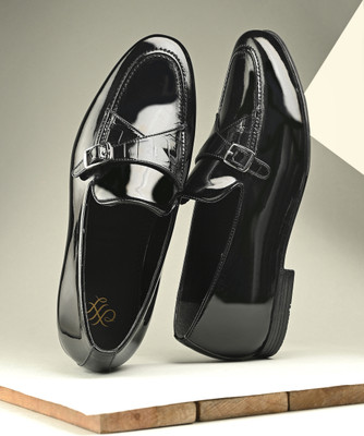 House of Pataudi Men black formal petant leatherette monks loafers moccasins shoes without laces For Men(Black , 11)