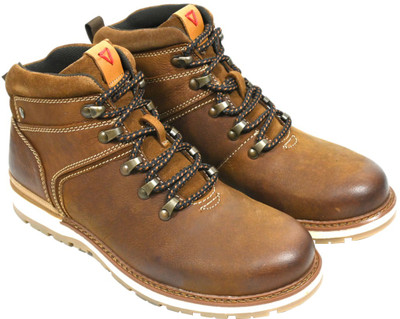 HX London Tan Leather Round Toe Mid Top Lace-Up Boots Boots For Men(Tan , 6)