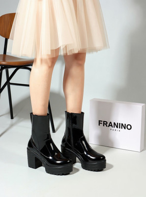 Franino Paris Bold and Breezy Black Patent Leather Ankle Length Heeled Boots for Women & Girls Boots For Women(Black , 4)