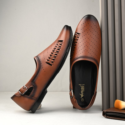 Vellinto Vellinto SHAHZAD Perforated Synthetic Leather Loafers with Stylish Buckle Detail Party Wear For Men(Tan , 7)