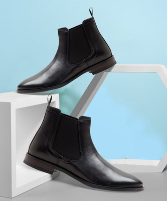THOMAS CRICK Premium Leather Pull Tab Elasticated Side Cushioned Insole Chelsea Boots For Men(Black , 8)