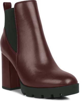 London Rag Burgundy Bolt Block Heeled Chelsea Boots Boots For Women(Burgundy , 8)