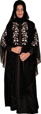 fmfashionhouse Polyester Self Design Abaya With Hijab(Black)