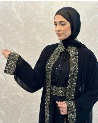 Buraque Designer Nida Matte Solid Abaya With Hijab(Black)