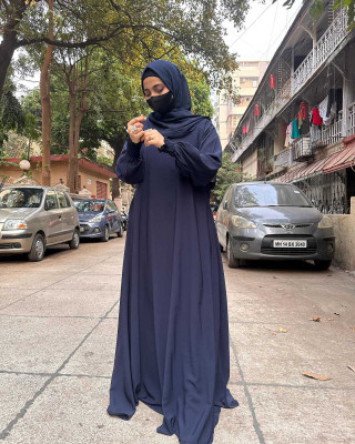 DoubleAAabaya Polyester Solid Abaya With Hijab(Blue)