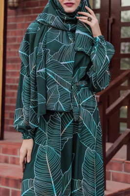 Women's Imported Firdous Stylish Printed Work Abaya Burkha with Dupatta Polyester Burqa With Hijab(Green)