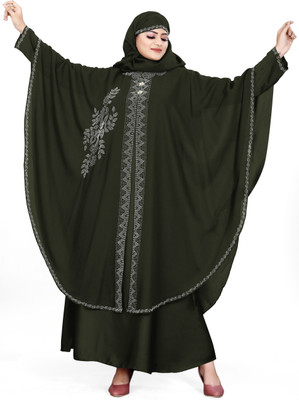 AMBAJI FASHION Polyester Solid Abaya With Hijab(Green)