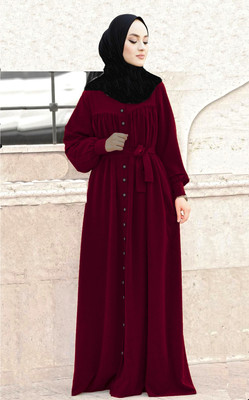 Buraque Designer Polyester Solid Abaya With Hijab(Maroon)