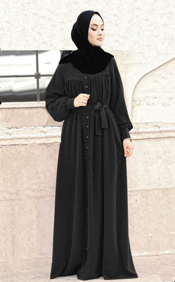 Buraque Designer Polyester Solid Abaya With Hijab(Black)