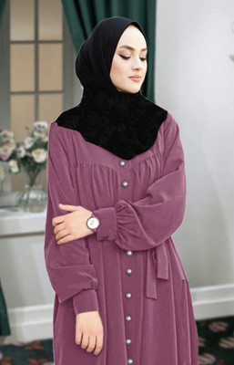 Buraque Designer Polyester Solid Abaya With Hijab(Purple)