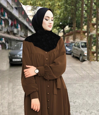 Buraque Designer Polyester Solid Abaya With Hijab(Brown)