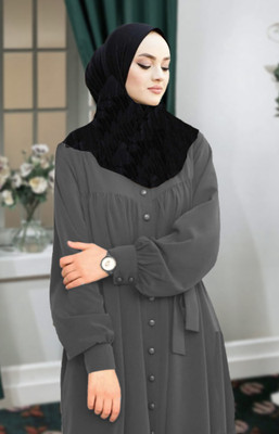 Buraque Designer Polyester Solid Abaya With Hijab(Grey)