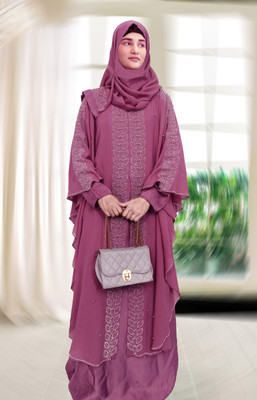 Buraque Designer Polyester Solid Abaya With Hijab(Pink)