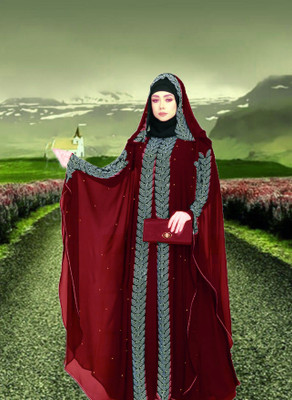 Buraque Designer Nida Matte Solid Burqa With Hijab(Maroon)