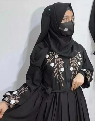 afifa Nida Matte Self Design, Printed Abaya With Hijab(Black)