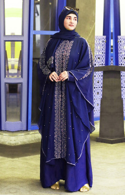 Buraque Designer Nida Matte Solid Abaya With Hijab(Blue)