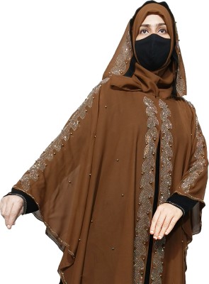 Brown Farasha With Stone Wprk Fabric Nida F01 Brown Patti Lycra Blend Solid Abaya With Hijab(Brown)