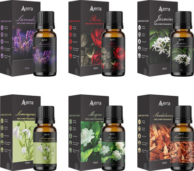 Aerra Lavender, Rose, Jasmine, Lemongrass, Mogra, Sandalwood Aroma Oil | Pure Fragrance Oil Combo – Natural, Long-Lasting for Home(6 x 15 ml)