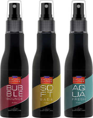 NEXT English Leather Bubble Bounce, Aqua Fresh and Soft Saga Tripack, Long Lasting Air Car Freshener Spray Bubble Bounce Aqua Fresh Soft Saga Car Freshener(3 x 100 ml)