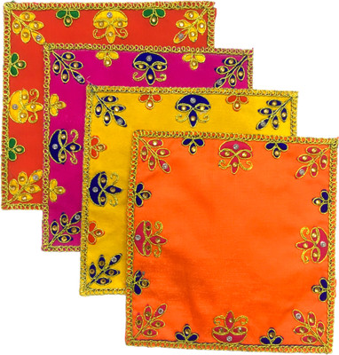 HEMDEV 6*6 Inch Embroidered Multicolor Goldcoin Silk Aasan Cloth for Pooja Mandir Altar Cloth(Pack of 4)