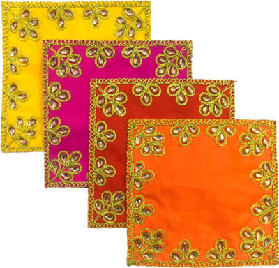 HEMDEV 5 x 5 Inch Embroidery Premium Silk Multicolor Pooja Aasan Cloth Altar Cloth(Pack of 4)