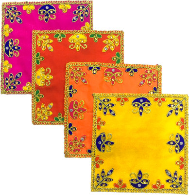 HEMDEV 5x5 Inch Embroidery Premium Multicolor Goldcoin Fabric Pooja Aasan Cloth Altar Cloth(Pack of 4)