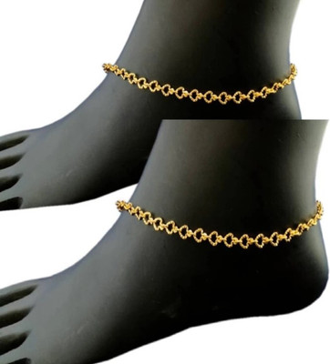 Kunjus Artificial Beads and Crystal Handmade Golden Brass Anklet(Pack of 2)