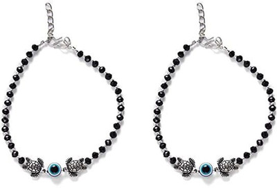 MANMORA SILVER SHADED TURTLE WITH BLACK BEADS METAL CHAIN ANKLET PACK OF 2 Metal Anklet(Pack of 2)