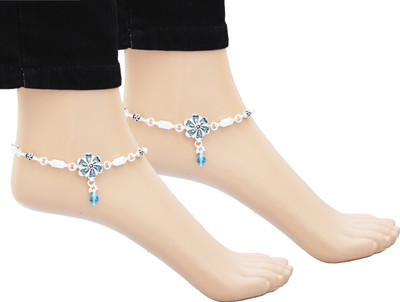 UDk Silver Plated Alloy Stud Anklet With Ghungroo - White Trendy Pajeb Payal Alloy Anklet(Pack of 2)