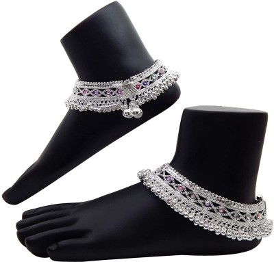 AnEk goods Traditional White Zirconia Crystal Ghungroo Painjan Silver Payal Anklet Alloy Anklet