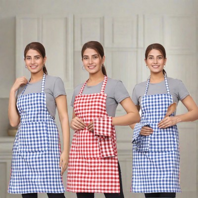 YOUTH ROBE Cotton Home Use Apron - Free Size(Blue, Red, Blue, Pack of 3)