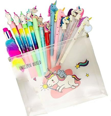 KHILONEWALA Pencils Combo of 8+1 Unicorn Pen with Unicorn Transparent Big Pouch For Kids