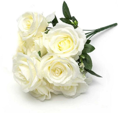 Anandani Artificial Rose Flowers Bunch for Vase (5 Heads, Flower White Rose Artificial Flower(12 inch, Pack of 1)