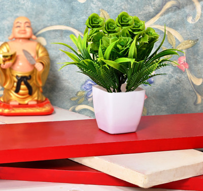 GOVIC Natural Green Bonsai Rose Flower with Green Leaf Perfect for Decoration | Green Wild Flower Artificial Flower  with Pot(6 inch, Pack of 1, Flower with Basket)