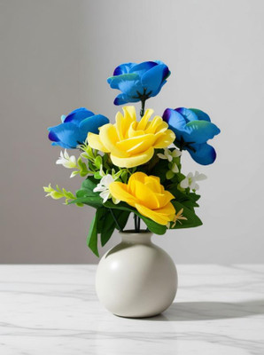 Anandani Yellow & Sky-Blue Rose Bunch (5 Flowers in one bunch) for Home Decoration Yellow, Blue Rose Artificial Flower(8 inch, Pack of 1)