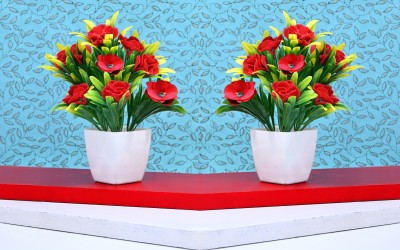 NERAPI Set of 2 Unique Wild Looking Bonsai Red Rose Flower Perfect Decorative Piece| Red Wild Flower Artificial Flower  with Pot(6.5 cm, Pack of 2, Flower with Basket)