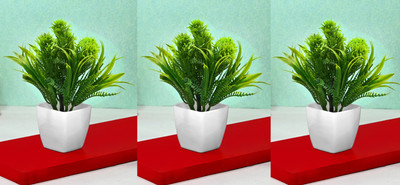 GOVIC 3 Pcs Stylish Looking Bonsai Flower Plant Perfect Home|Shop|Office Decoration | Green Wild Flower Artificial Flower  with Pot(17 cm, Pack of 3, Flower with Basket)