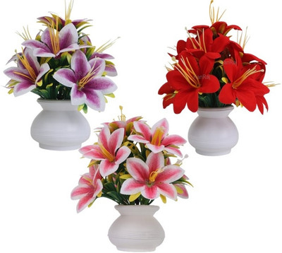 KanRaj Multicolor Lily Artificial Flower  with Pot(15 cm, Pack of 3, Flower with Basket)