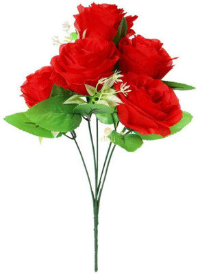 Sunever Artificial Red Rose Bunch 5 Head (Pack of 1) Faux Artificial Flower Red Rose Artificial Flower(12 inch, Pack of 1)