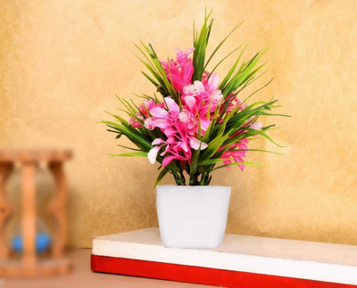 Artificial Plant For Home/Office Table (Pink - Green Wild Flower Artificial Flower with Pot(7 inch, Pack of 1)