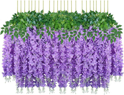 well art gallery Artificial Fake Wisteria Vine Ratta Silk Flowers for Wedding Decor (Purple 12) Purple Westeria Artificial Flower(43.2 cm, Pack of 12, Vine & Creepers)