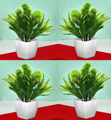 GOVIC 4 Pcs Unique Design Bonsai Flower Plant Perfect Home|Shop|Office Decoration | Green Wild Flower Artificial Flower  with Pot(17 cm, Pack of 4, Flower with Basket)