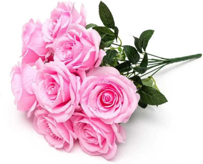 GudiyaEnt Artificial Flower Pink Rose (5 Head) Bunch Pink Rose Artificial Flower(30 cm, Pack of 1, Flower Bunch)