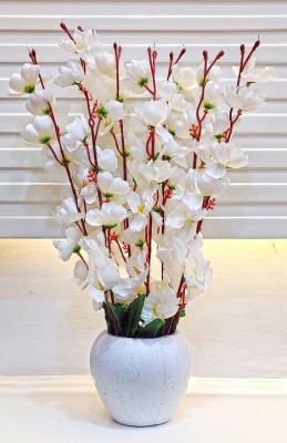 Real PBR Artificial Flowers for Decoration with Pot, Home Decor, Office Decor, White Cherry Blossom Artificial Flower  with Pot(50 cm, Pack of 1, Flower with Basket)
